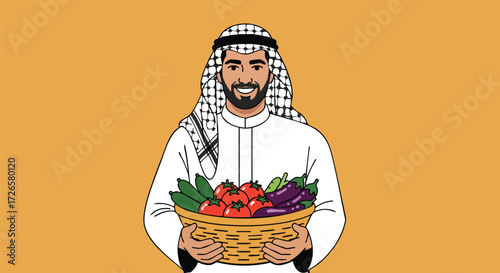 Arab man in traditional attire holding a basket of fresh vegetables and herbs illustrating Middle Eastern culture and healthy eating