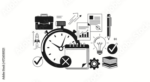 Black and white business and productivity vector illustration showcasing time management and