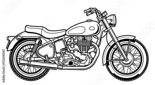Detailed line art illustration of a classic motorcycle for coloring and design projects