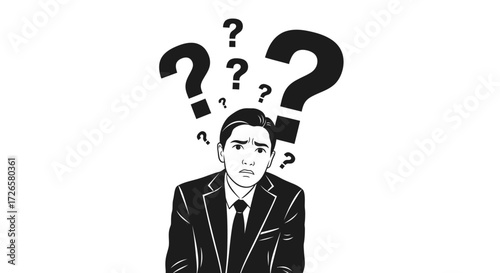 Confused businessman with question marks hovering, depicting uncertainty and lack of clarity in