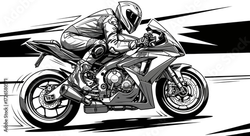 Dynamic monochrome illustration of a motorcycle rider speeding with abstract motion lines