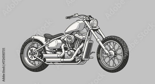 Stylized illustration of a custom chopper motorcycle with meticulous linework and shading showing