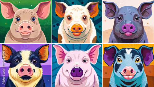 Pig vector set collection, including Yorkshire, Berkshire, Duroc, Hampshire, and Tamworth, resting and walking, representing livestock variety, farming culture, and rural tradition