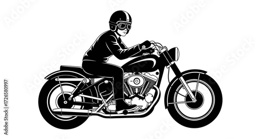 Monochromatic depiction of a motorcyclist on a classic bike evoking freedom and adventure