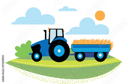 A tractor is driving through a rural field, transporting a crop.