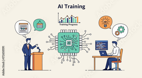 Artificial Intelligence Training Illustration Showing Instructors and Students Learning AI Concepts
