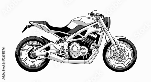 Detailed black and white illustration showcasing a modern motorcycle design with intricate