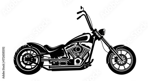 Black and white vector image of a classic chopper motorcycle, conveying freedom and rebellion