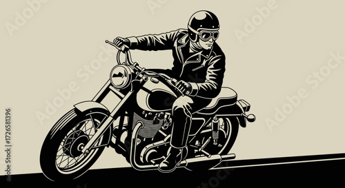 Monochrome illustration of a biker riding a classic motorcycle with helmet and goggles