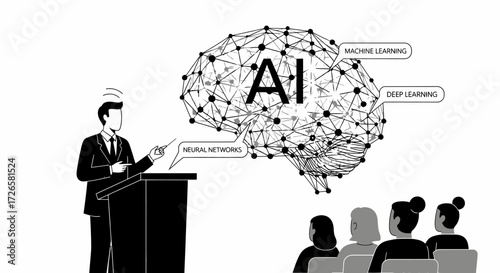 Artificial intelligence conference presentation illustration exploring technology and education