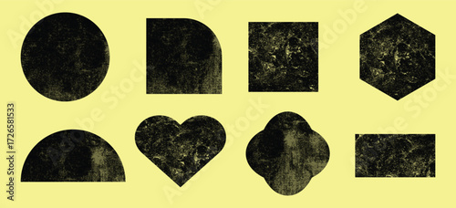 Set of geometric forms and shapes with grunge ink roller texture. Geometric stamps with linocut texture effect. Square, circle, triangle, love and polygon shapes.