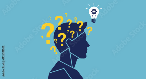 Conceptual artwork showcases a person contemplating ideas and problem-solving innovation concept