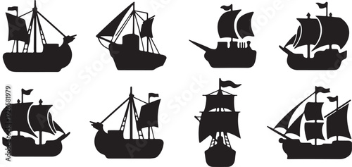 Sailing Ship Silhouette, Ancient Boat Vector, Pirate Ship Illustration, Black and White Ship Clipart, Nautical Vessel Cartoon, Old Sailing Ship Drawing, Boat Symbol Graphic, Ship Cartoon Design, Marit