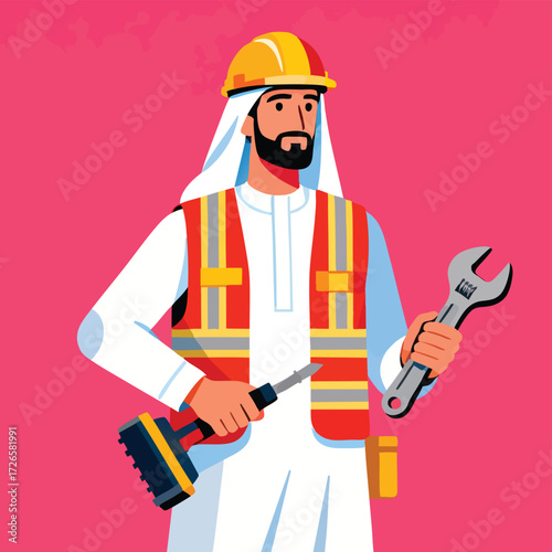 Construction Worker in Traditional Middle Eastern Attire Holding a Wrench and Toolbox