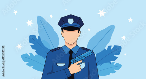 Security Officer with Patrol Badge and Walkie Talkie in a Digital Security Environment