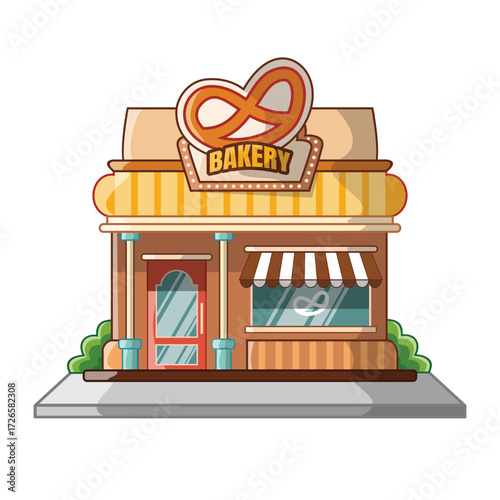 Bakery Shop Building Exterior with Signboard and Glass Windows Vector Illustration