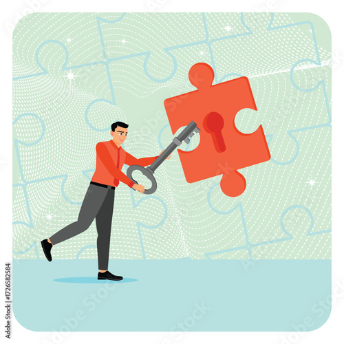 Solution Concept. Businessman With Giant Key Unlocking Puzzle Piece For Security.