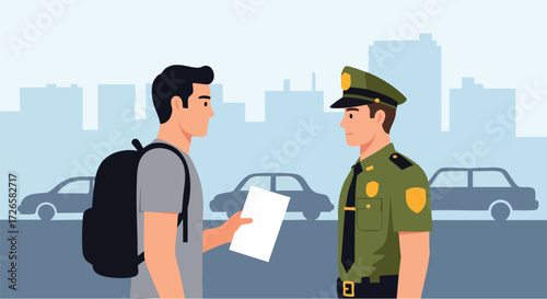 Friendly Interaction Between Tourist and Traffic Police Officer in Urban Setting