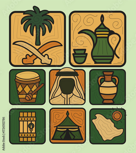 A collection of artistically designed cultural icons of Saudi Arabia - Bedouin and Arab motifs in a comprehensive set