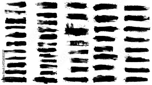 Straight thick vector lines. Black hand drawn brushstroke text boxes. Chinese, Korean, Japanese calligraphy brushstroke set. Rough grunge thick gouache paint texture. Sketchy ink rectangle textboxes