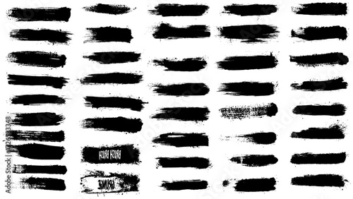 Straight thick vector lines. Black hand drawn brushstroke text boxes. Chinese, Korean, Japanese calligraphy brushstroke set. Rough grunge thick gouache paint texture. Sketchy ink rectangle textboxes
