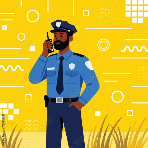 Modern Police Officer Communicating with a Walkie Talkie in Bright Yellow Abstract Background