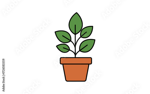 A simple illustration of a potted plant with green leaves and a brown pot.