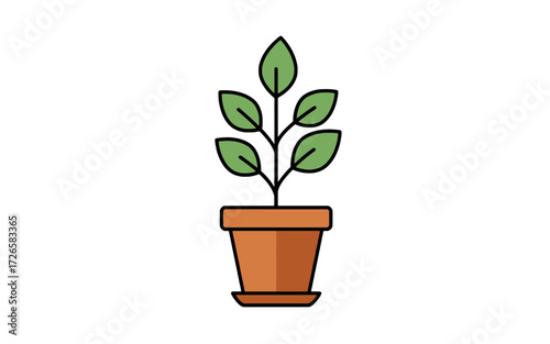 A simple cartoon illustration of a small green plant growing in a brown terracotta pot with a saucer, isolated on a white background.