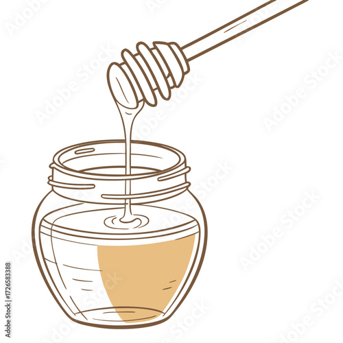 A jar of honey with a honey dipper