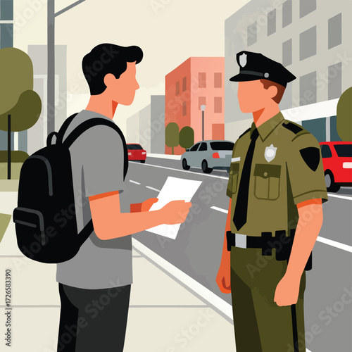 Young Man Interacting with Police Officer on City Street in Modern Urban Environment
