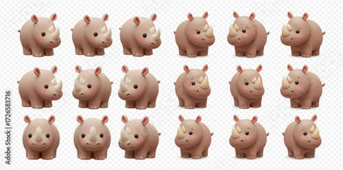 Fifteen cartoon rhinoceros figures arranged in rows against a transparent background.