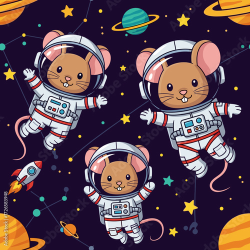 Cute cartoon astronaut mice floating happily in space with planets and stars Fun illustration for kids