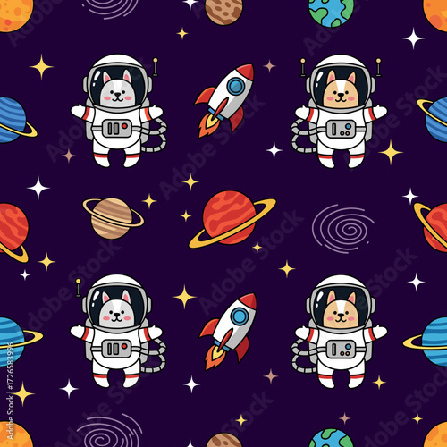 Whimsical seamless pattern with cute astronaut animals rockets and planets in space Great for kids products