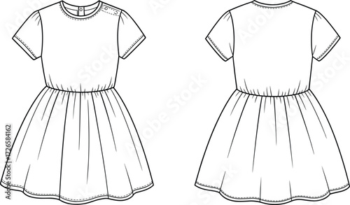Technical flat sketch of girl’s short sleeve dress, front and back view, round neckline, fitted bodice, gathered skirt, vector apparel template