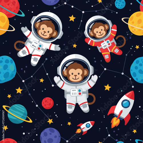 Cute cartoon monkeys in astronaut suits exploring space with planets and rockets Fun adventure and learning