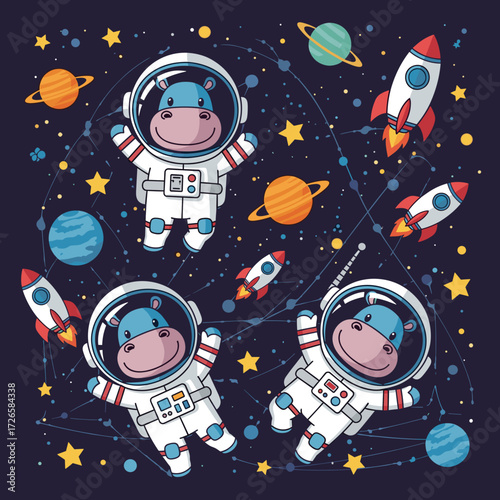 Cute hippo astronauts explore space surrounded by planets stars and rockets Fun for kids