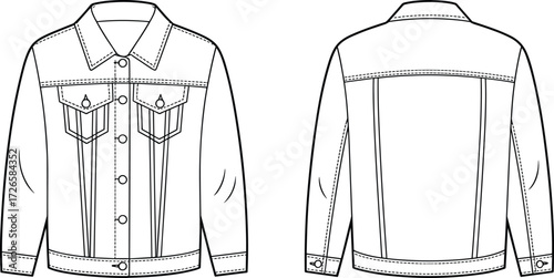Technical flat sketch of denim jacket, front and back view, collar, button closure, chest flap pockets, side pockets, seams, vector apparel template