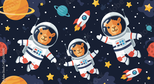 Happy astronaut camelids explore the galaxy with planets stars and rockets Fun space adventure