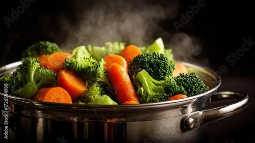 Steamed mixed vegetables (broccoli and carrots) in a pot.