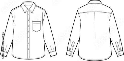 Technical flat sketch of long sleeve button up shirt, front and back view, collar, chest pocket, cuffs, pleat, vector apparel template