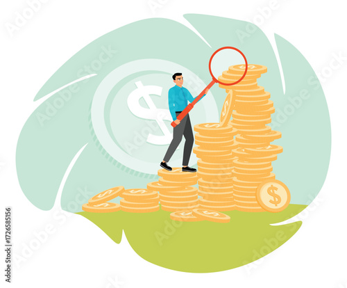 Investment or financial analysis concept, businessman with magnifying glass on growth coin stack.