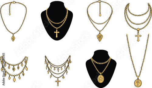 Elegant gold necklace collection with layered chains, cross pendants, heart charms, round medallions, and fashion jewelry designs for modern style