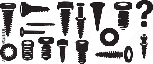 Screw Icons Vector, Tools Bolt Illustration, Hardware Cartoon Symbol, Fastener Cartoon Vector, Repair Gadget Icons, Engineering Tools Cartoon, DIY Fixing Clipart, Nail Screw Cartoon, Black White Screw