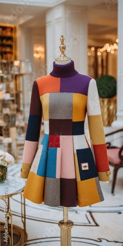 Colorful patchwork dress on mannequin in a light-filled interior