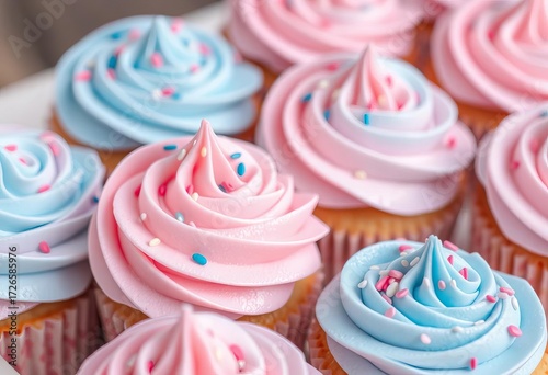 Pastel pink and blue cupcake frosting swirls, sprinkles, and delicate floral pattern,  pretty,  birthday