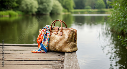 Elegant straw woven tote bag with a colorful floral silk scarf tied to the handle, resting on a wooden dock by a peaceful lake surrounded by lush green summer forest trees.