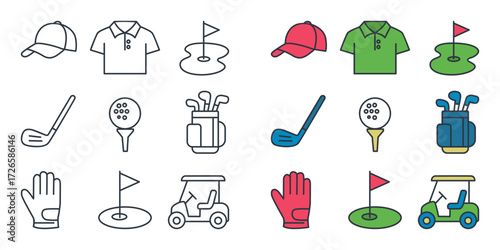 Collection of Golf Icons on Light Background Featuring Caps, Polo Shirts, Flags, Golf Clubs, Balls, Tees, Bags, Gloves, and Golf Carts in Outline and Color Styles