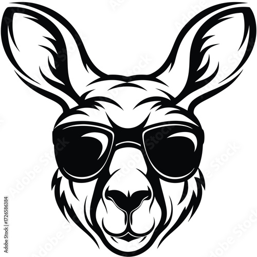 Black and white kangaroo head wears sunglasses with a cool demeanor staring ahead