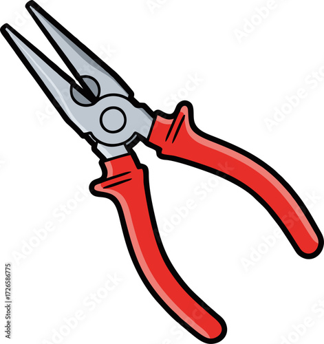 Cartoon Needle-Nose Pliers with Red Handles and Black Outline Angled View