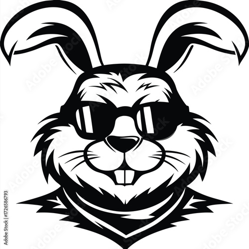 Black and white rabbit head illustration sporting sunglasses has a cool, fun appearance
